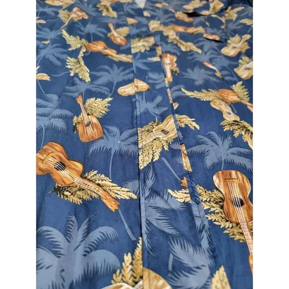 Vintage Kilohana Clothing Co. Hawaiian Kimono Robe Navy Palm & Ukulele Print M/L